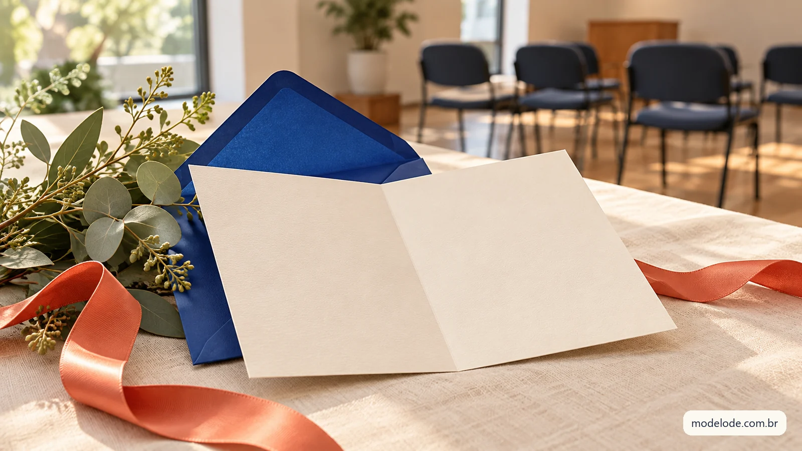 Cartão de convite em branco e envelope azul diante de cadeiras vazias de uma sala de reunião