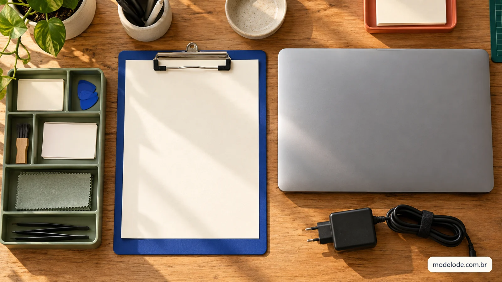 Notebook fechado, carregador separado e folha em branco numa prancheta azul