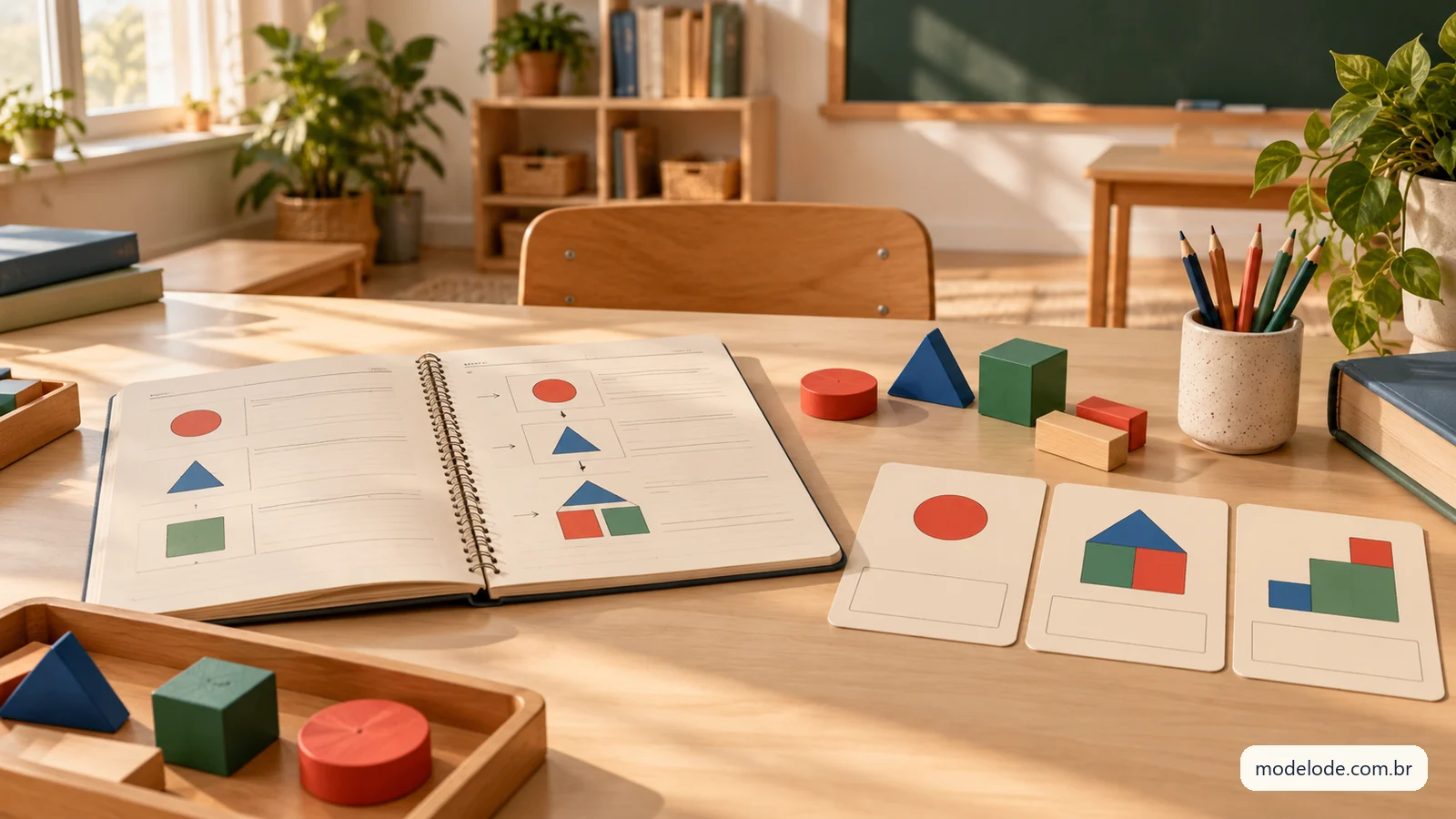 Caderno aberto, cartões de atividades e blocos geométricos sobre mesa de uma sala vazia
