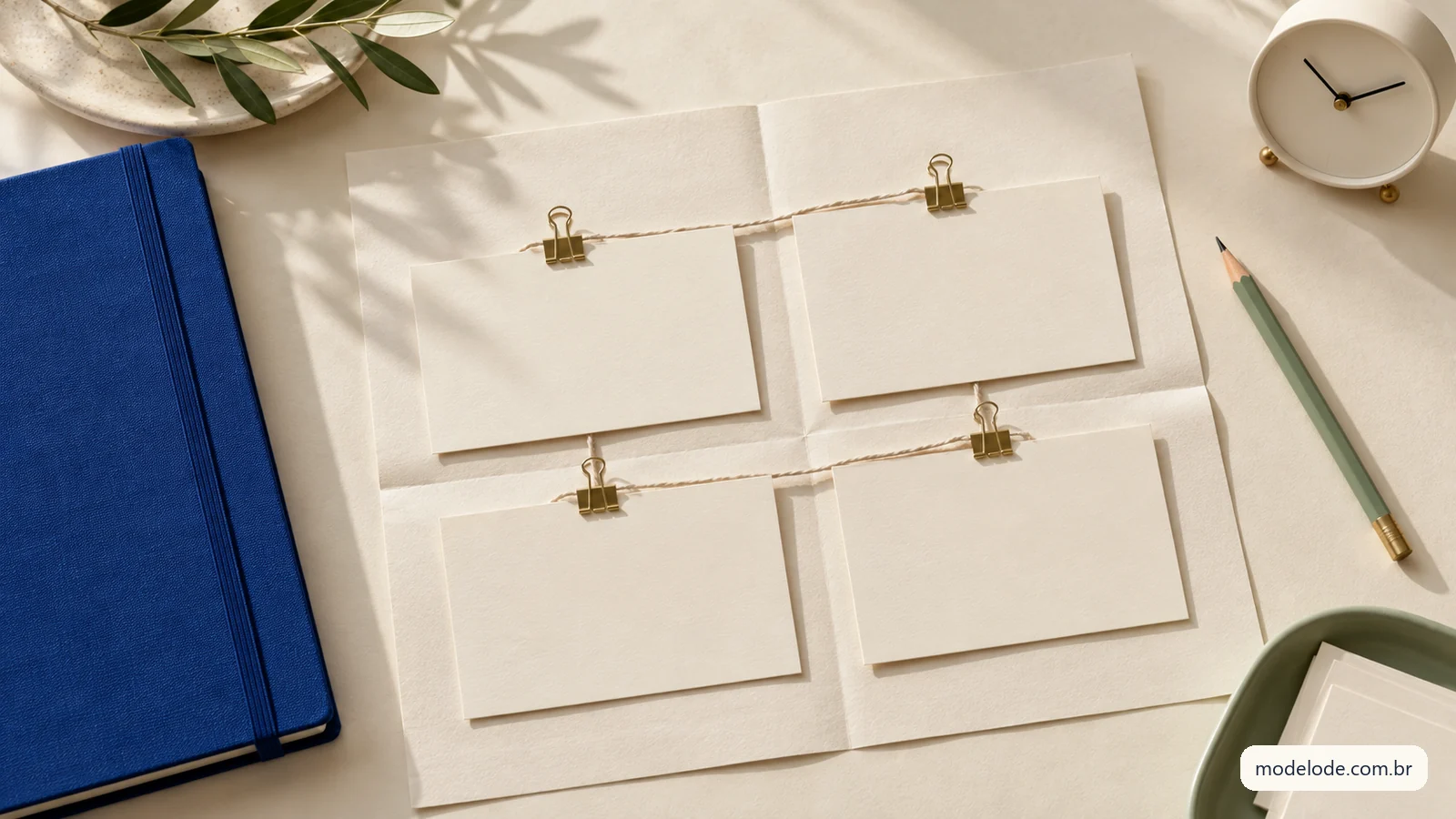 Quatro cartões em branco ligados por fio sobre uma folha dobrada, com caderno azul e relógio